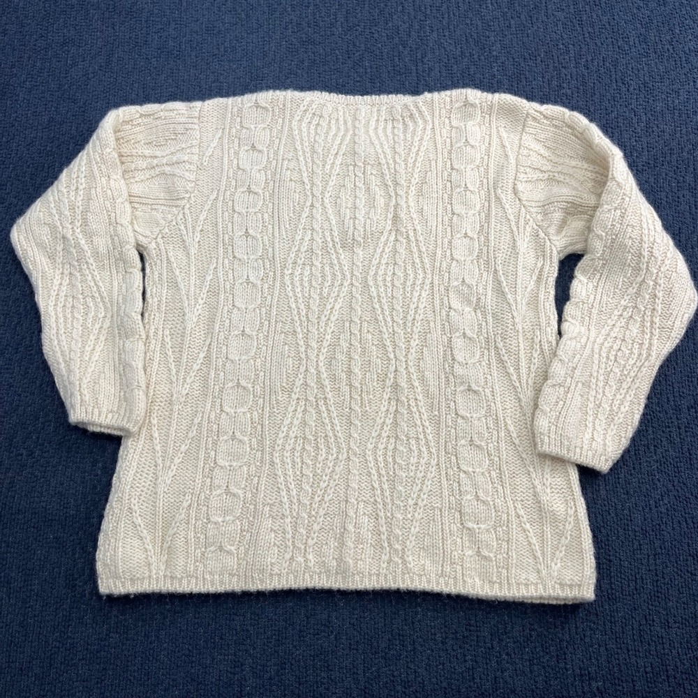 LL Bean Womens M Cream 100% Wool Cable Knit Fisherman Sweater Made in Ireland - Picture 2 of 5